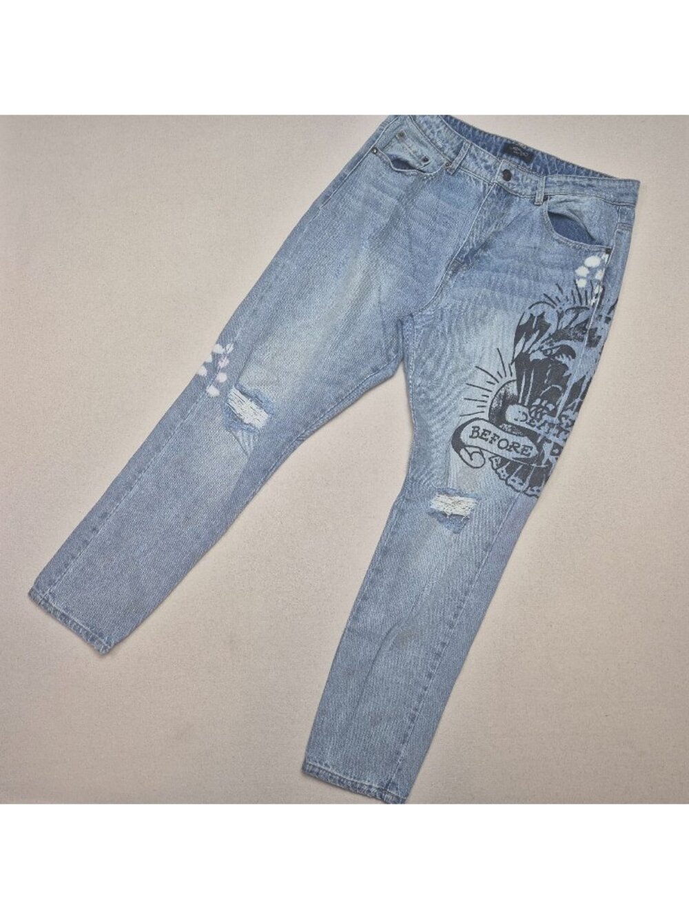 Ed Hardy Women's Distressed Death Before Dishonor Wide Leg Blue Jeans Sz 33-29
